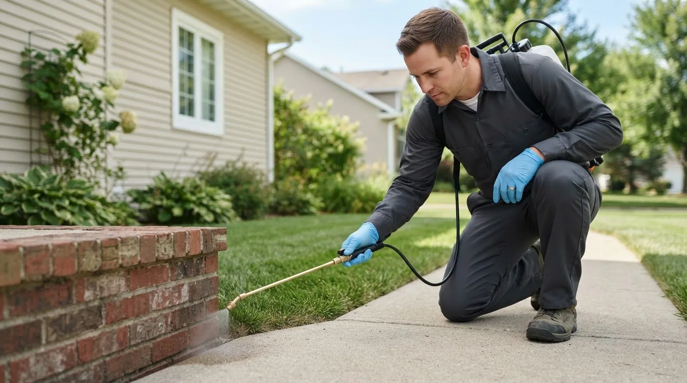 Pest control technician treating a home near Scotia, NE