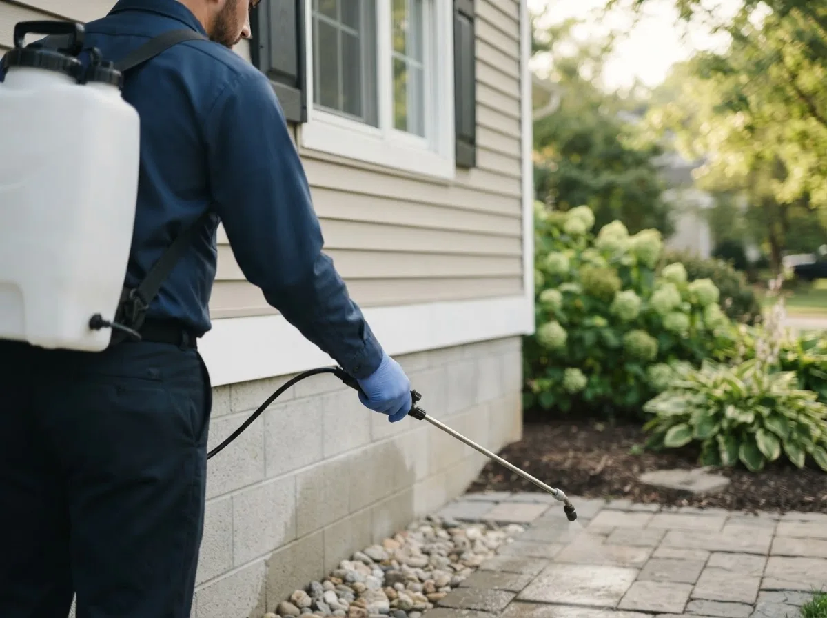 Pest control technician inspecting a home in Scotia, NE